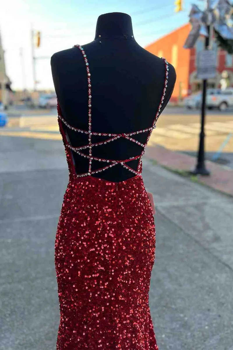 2025 Long Prom Dresses Red Sequins Beaded Mermaid Evening Dress Straps