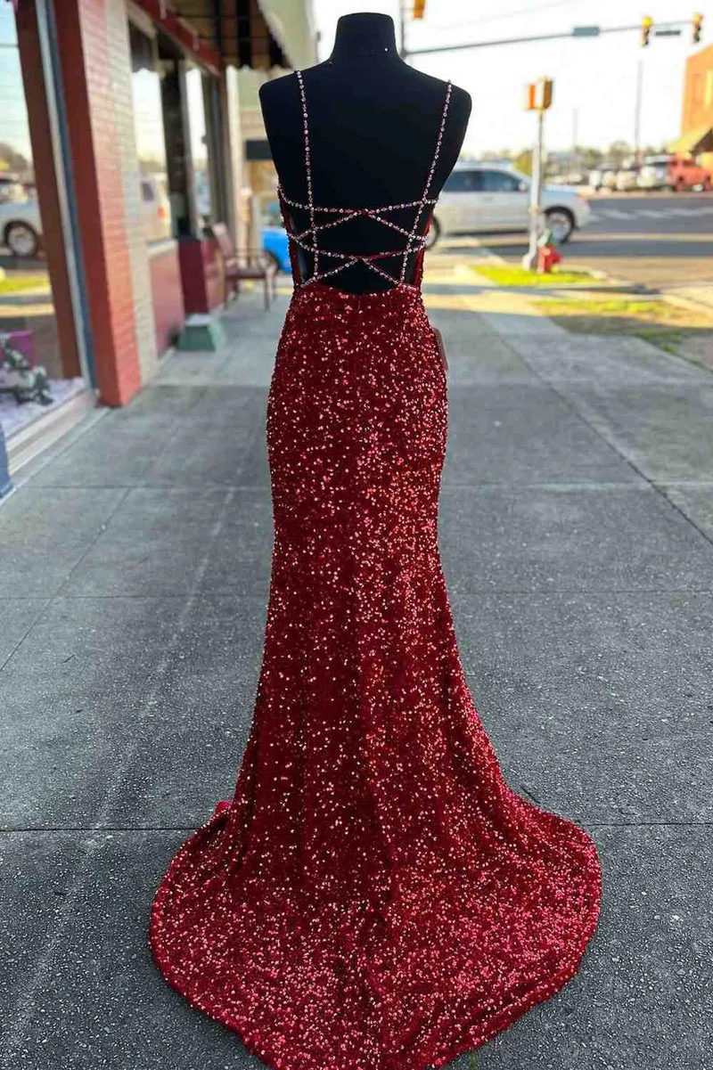 2025 Long Prom Dresses Red Sequins Beaded Mermaid Evening Dress Straps