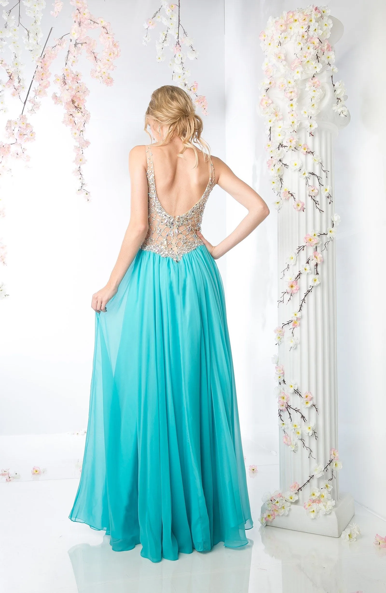 A-line dress with V-neckline and beads