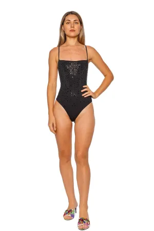 Black Crystal Embellished One Piece Swimsuit