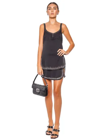 Black Embellished Trim Satin Tank