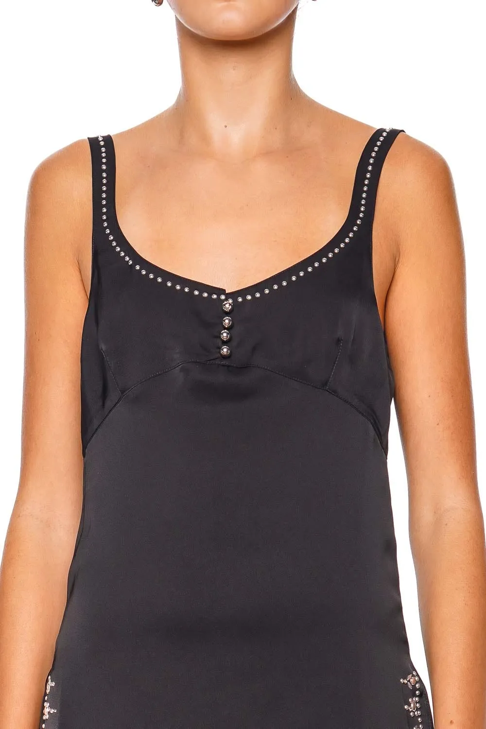 Black Embellished Trim Satin Tank