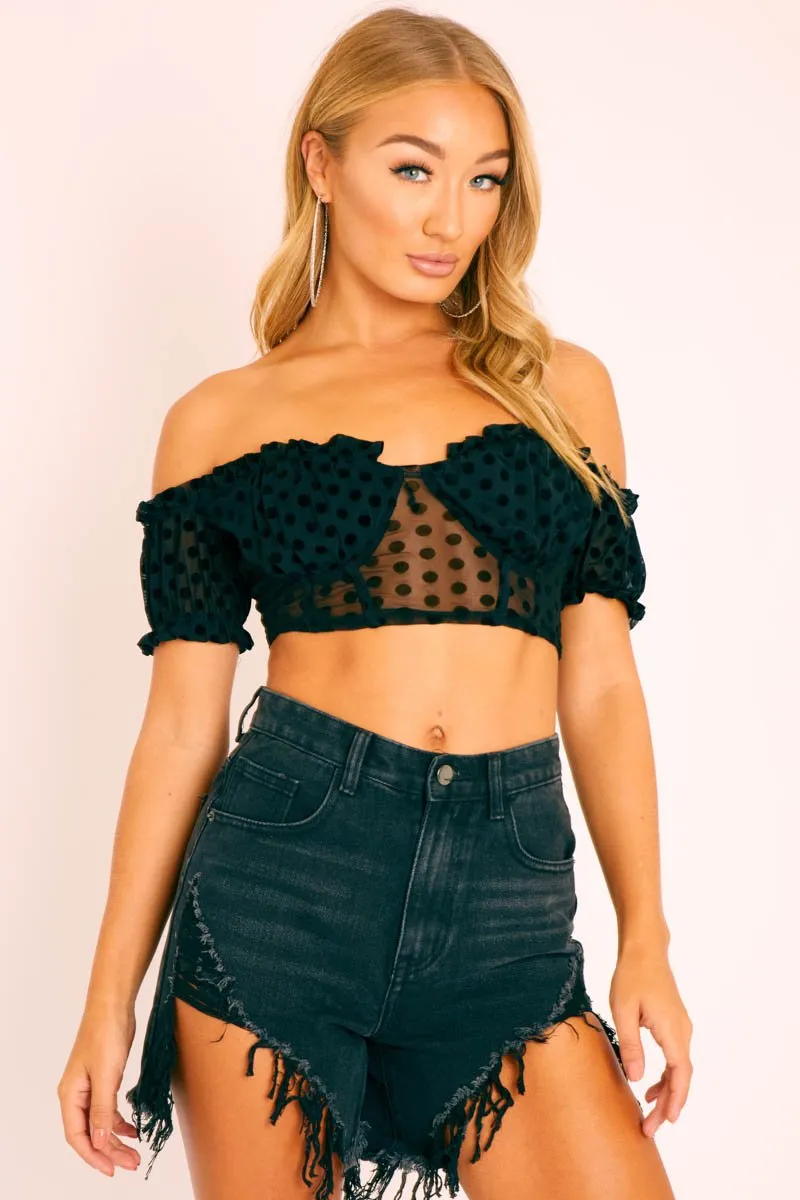 Black Polka Mesh Milkmaid Crop Top - Rosa