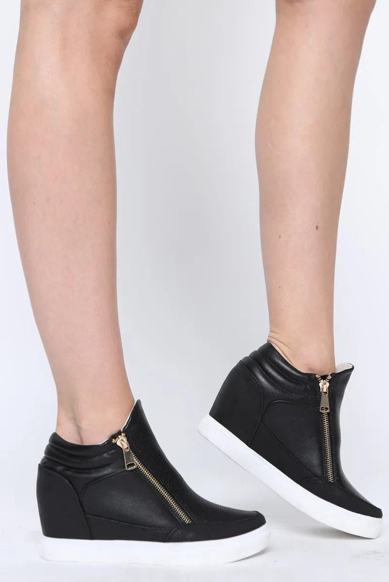 Black PU Zip Detail Wedged Trainers - Valarie