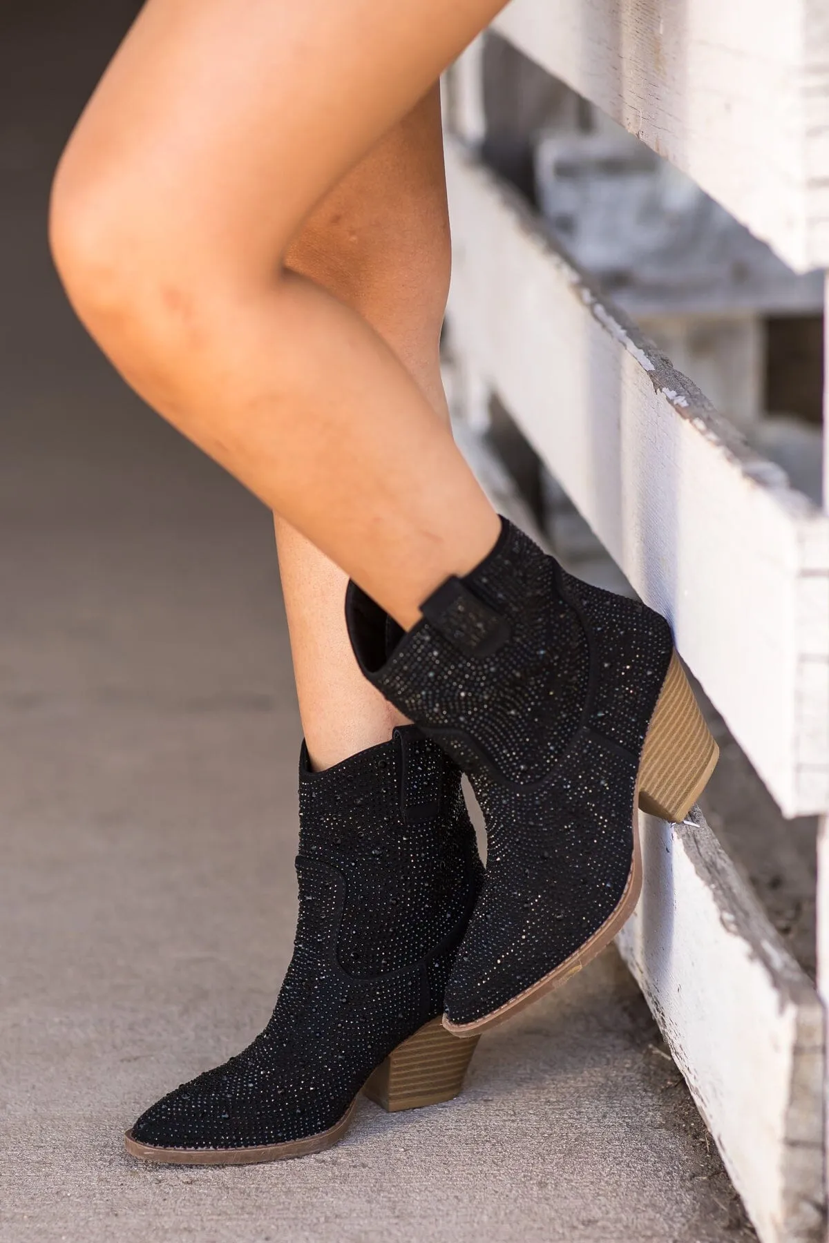 Black Rhinestone Point Toe Western Bootie