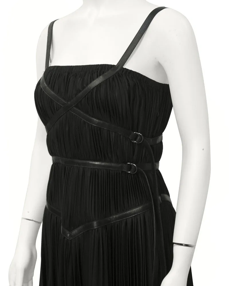 Black ruched dress with leather accents