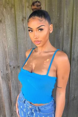 Blue Ribbed Frill Edge Crop Top - Zura