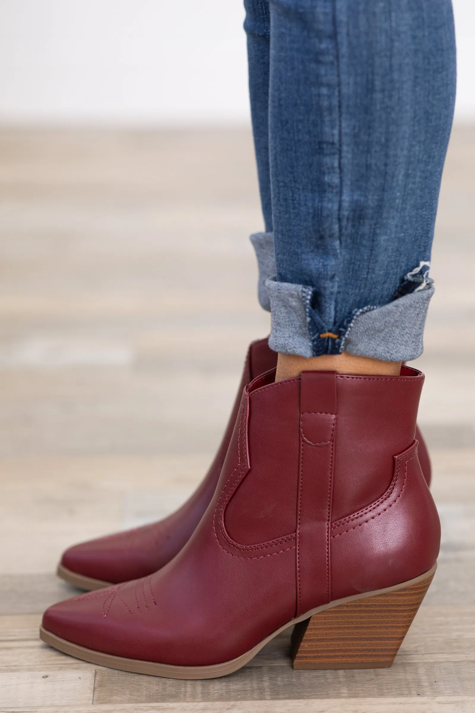 Burgundy Faux Leather Western Booties