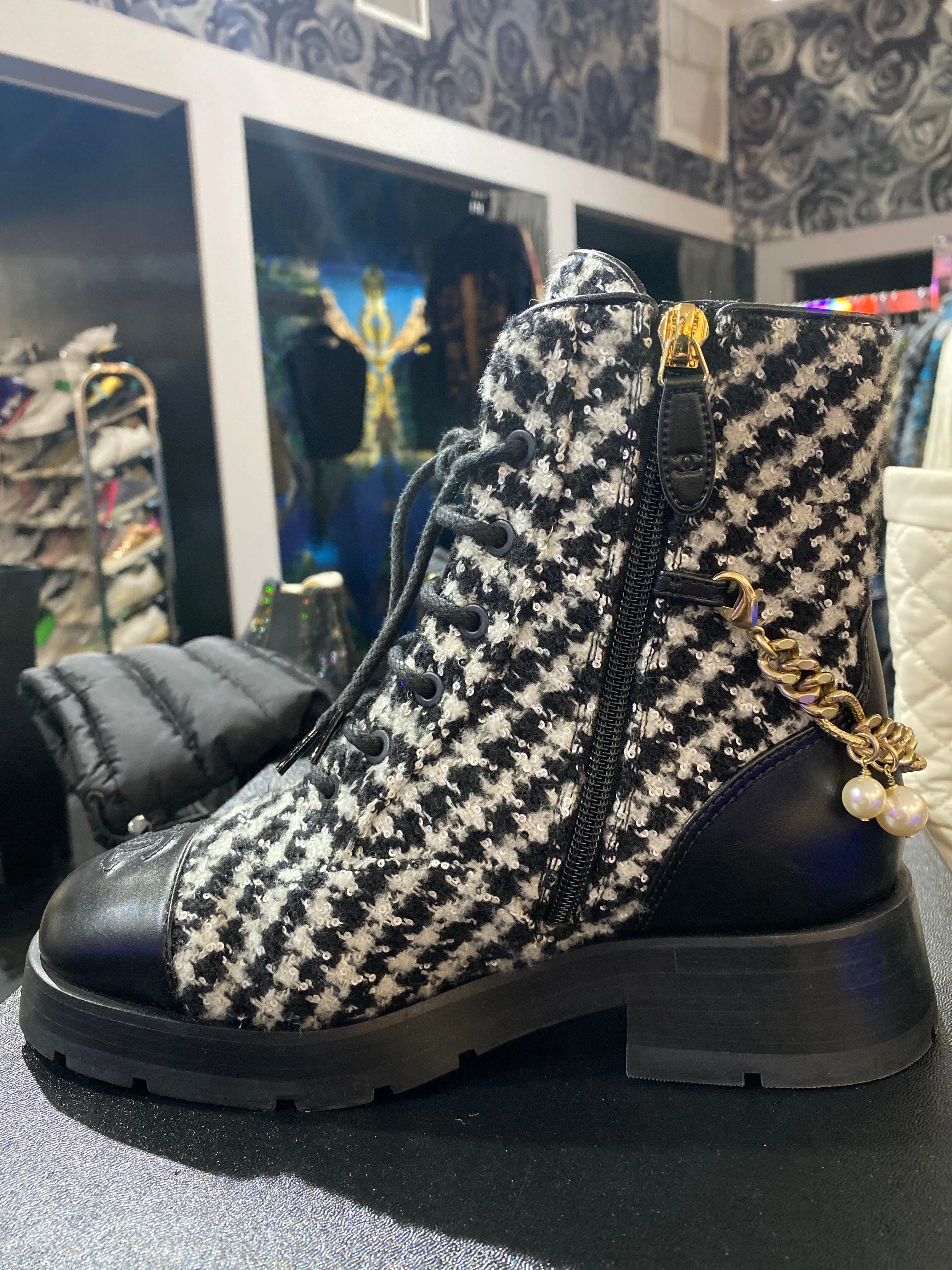 Chanel Black and White Tweed Calfskin and Back Chain Side Zip Boots