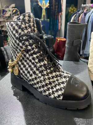 Chanel Black and White Tweed Calfskin and Back Chain Side Zip Boots