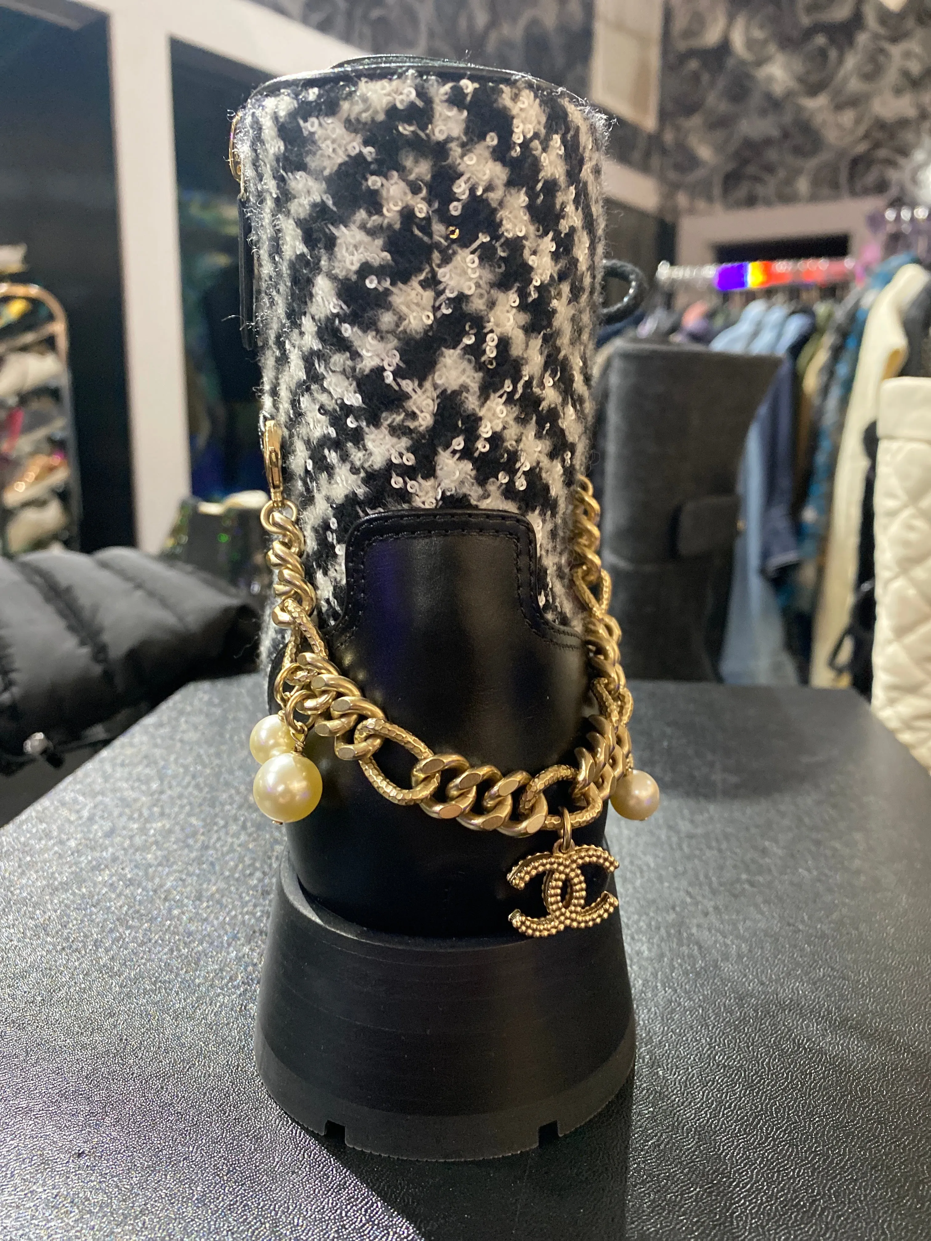 Chanel Black and White Tweed Calfskin and Back Chain Side Zip Boots