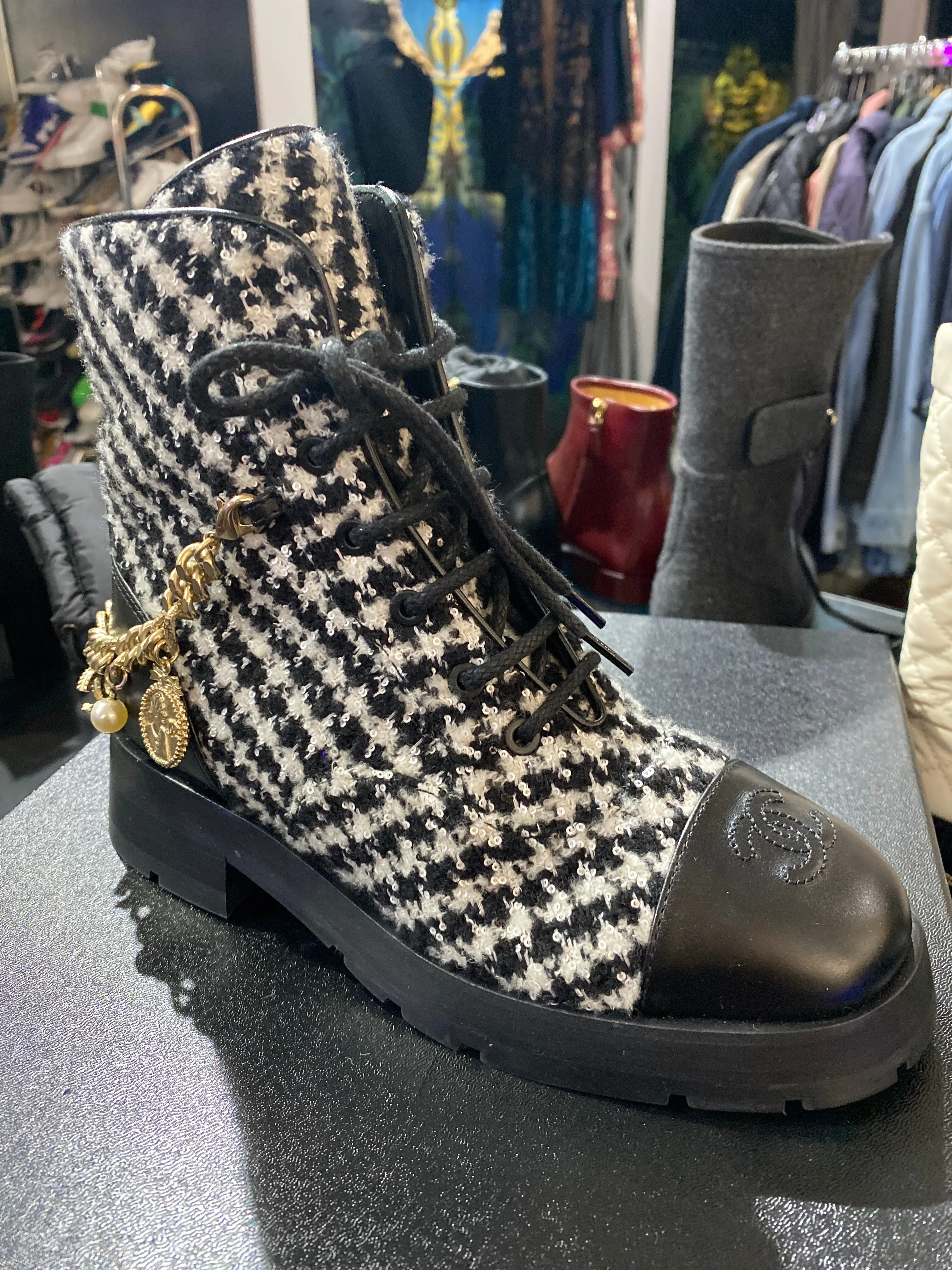 Chanel Black and White Tweed Calfskin and Back Chain Side Zip Boots
