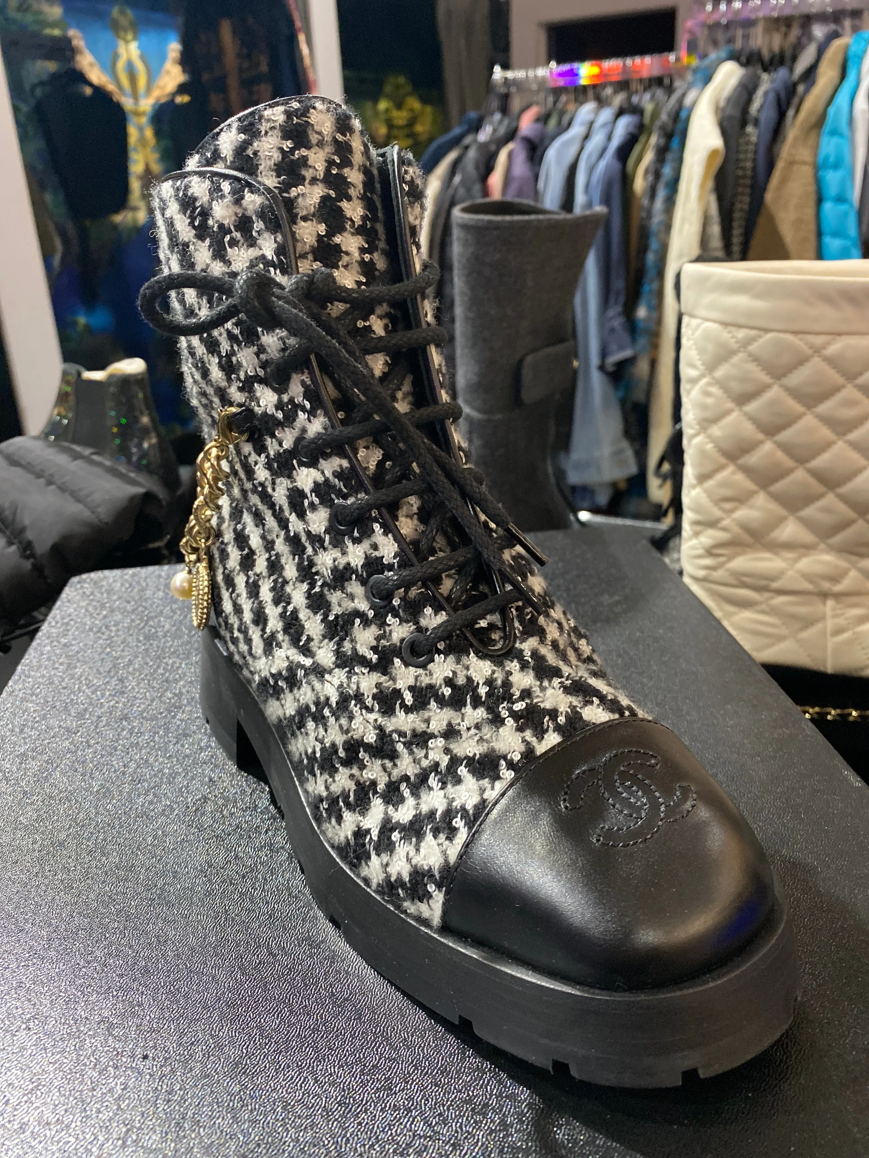 Chanel Black and White Tweed Calfskin and Back Chain Side Zip Boots