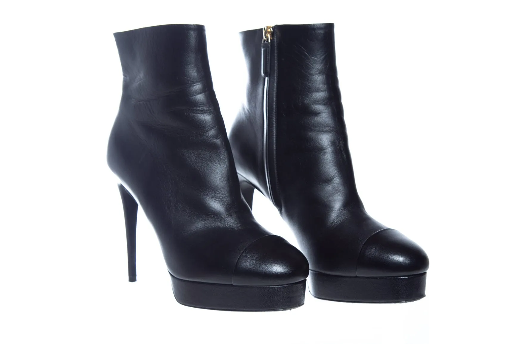 Chanel Black Leather Round Toe Booties SZ 40