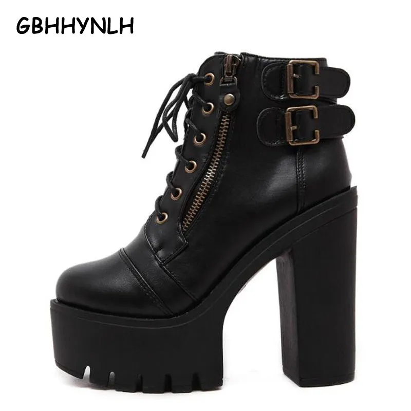 chunky high heels winter autumn motorcycle boots women booties platform shoes woman women ankle boots black punk boots LJA44
