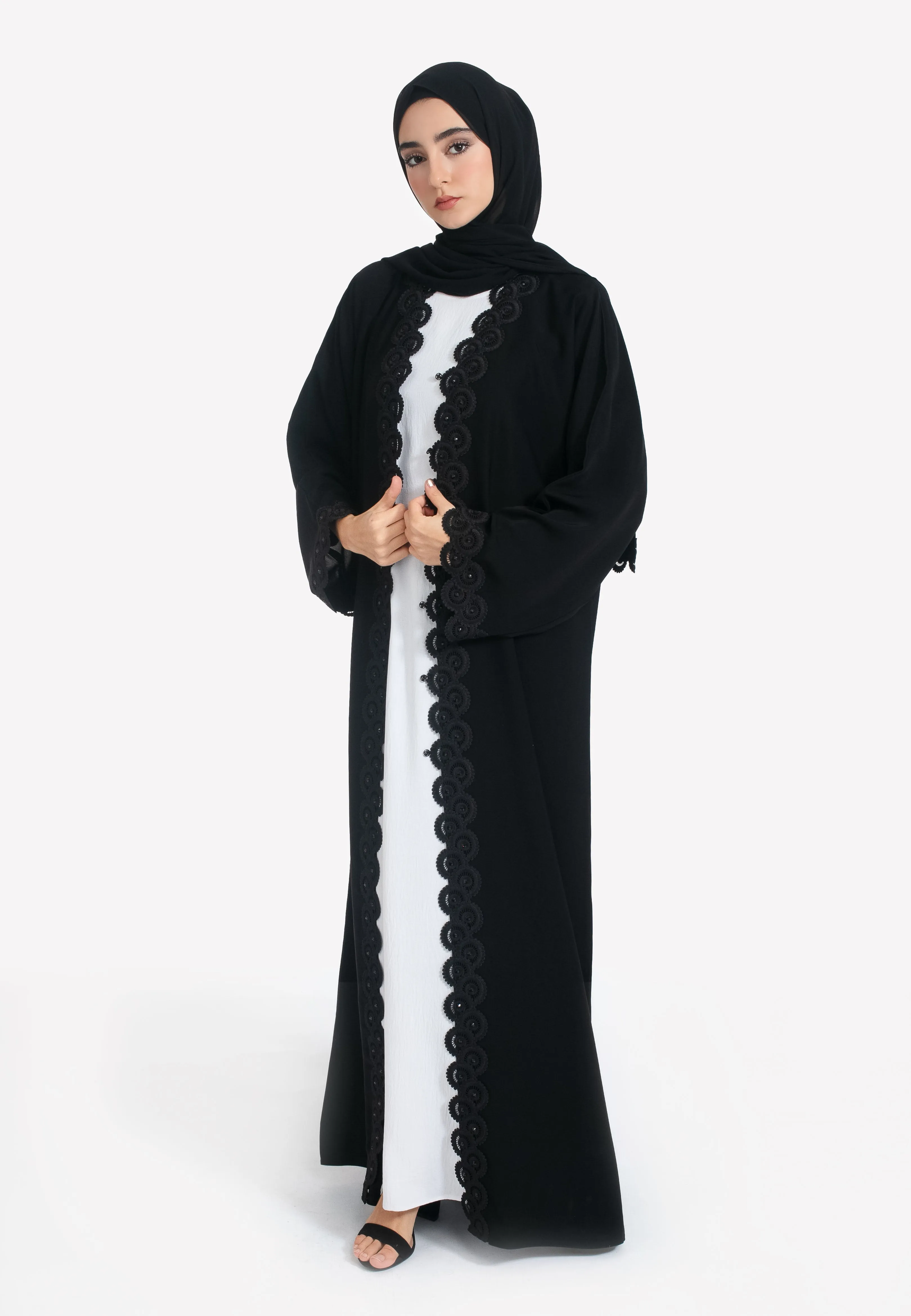 Classic Black Open Abaya with Lace Detailing