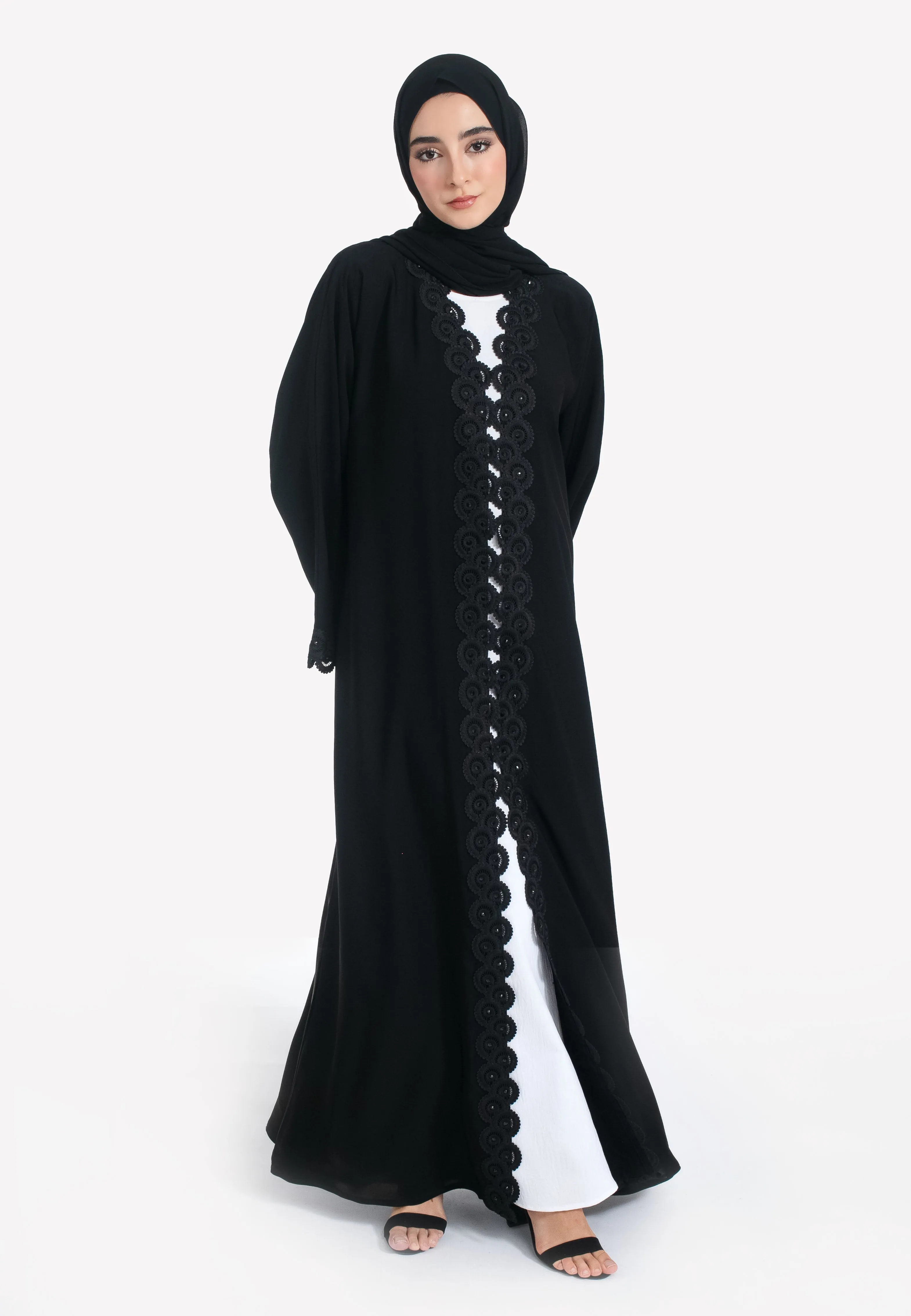 Classic Black Open Abaya with Lace Detailing
