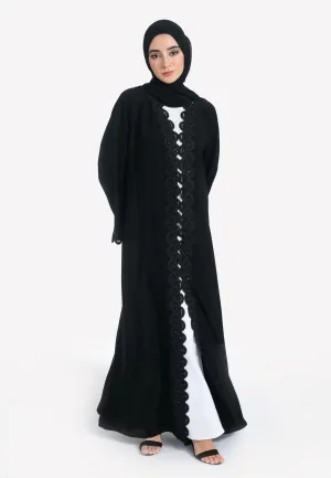 Classic Black Open Abaya with Lace Detailing