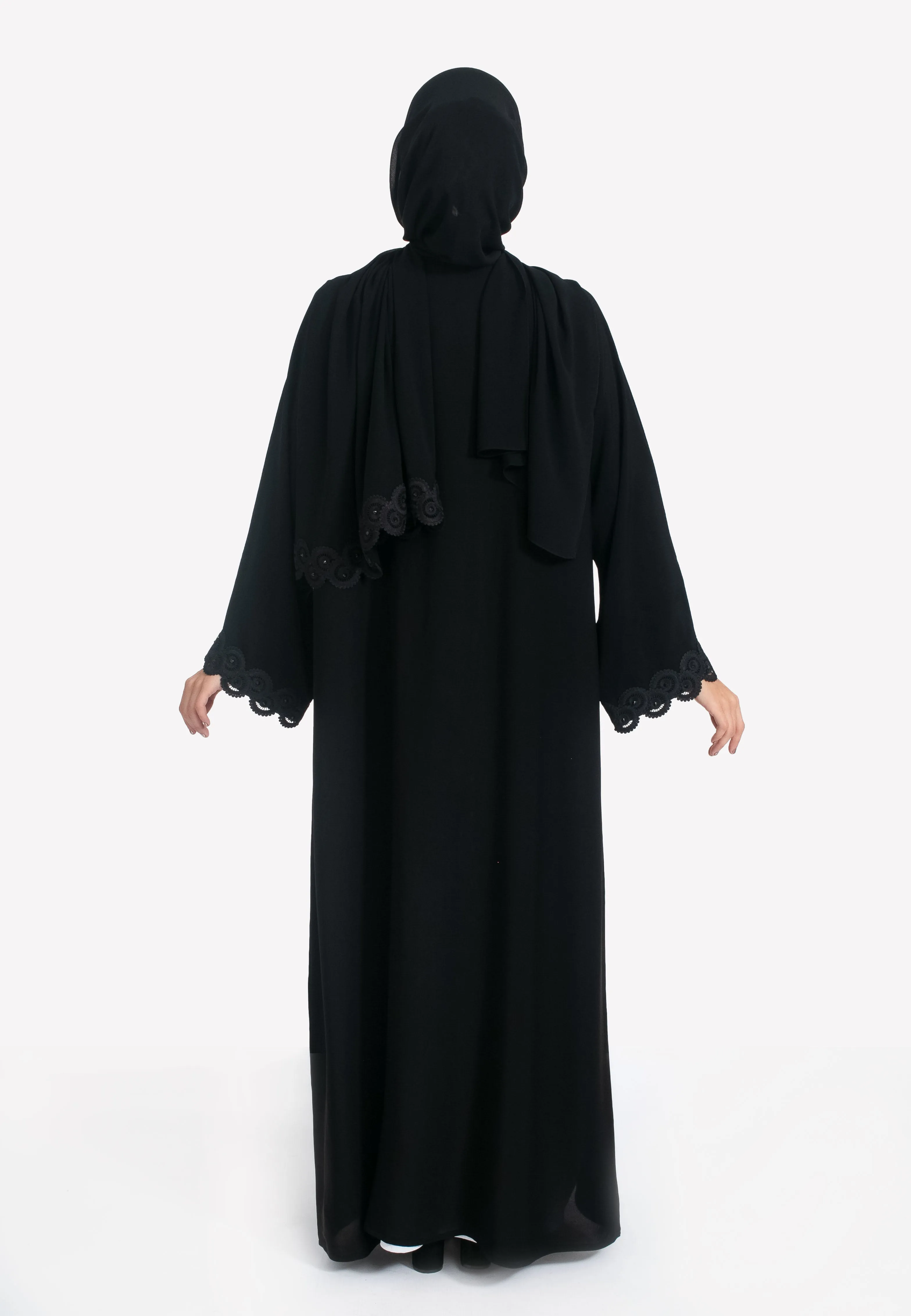 Classic Black Open Abaya with Lace Detailing