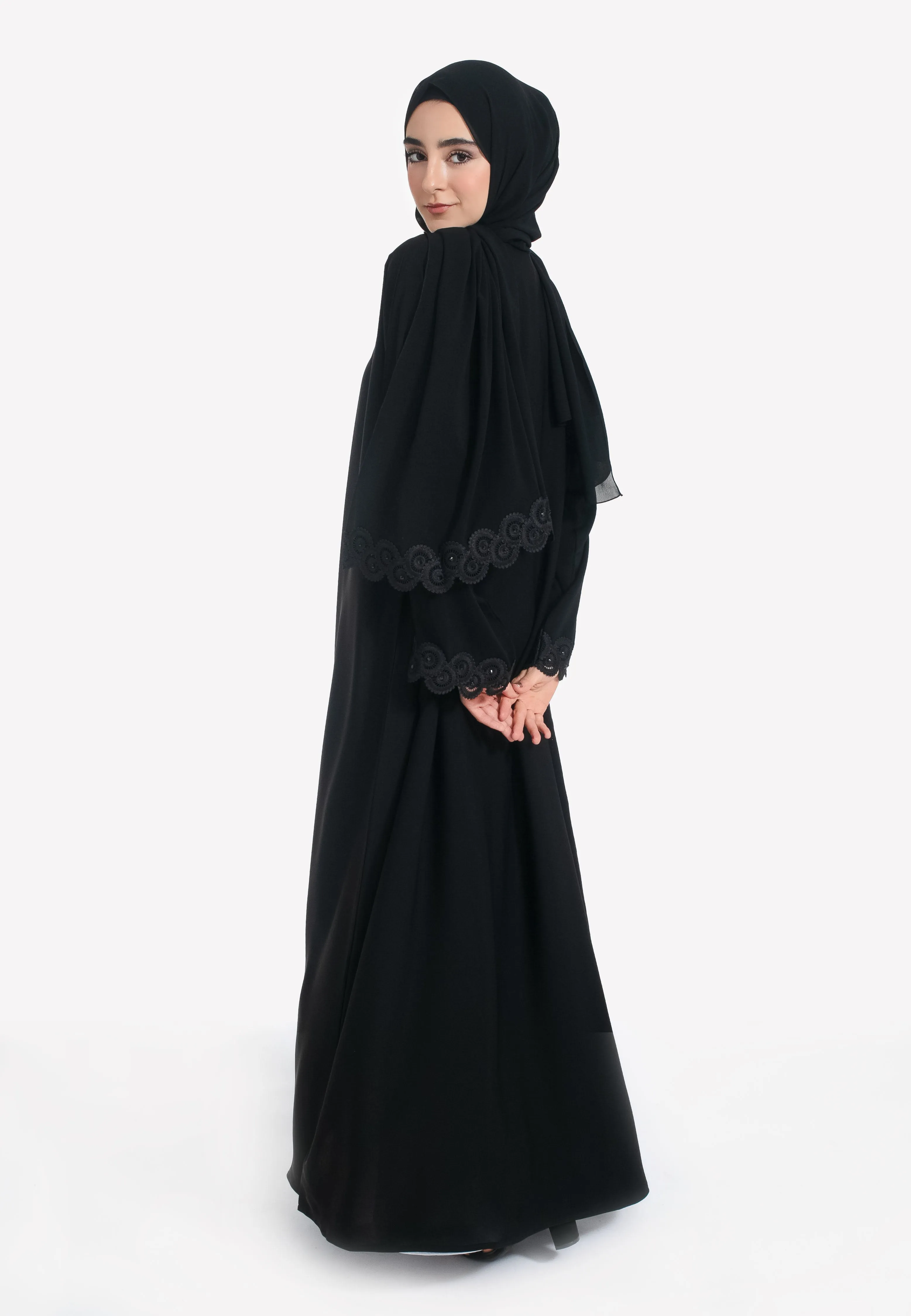 Classic Black Open Abaya with Lace Detailing