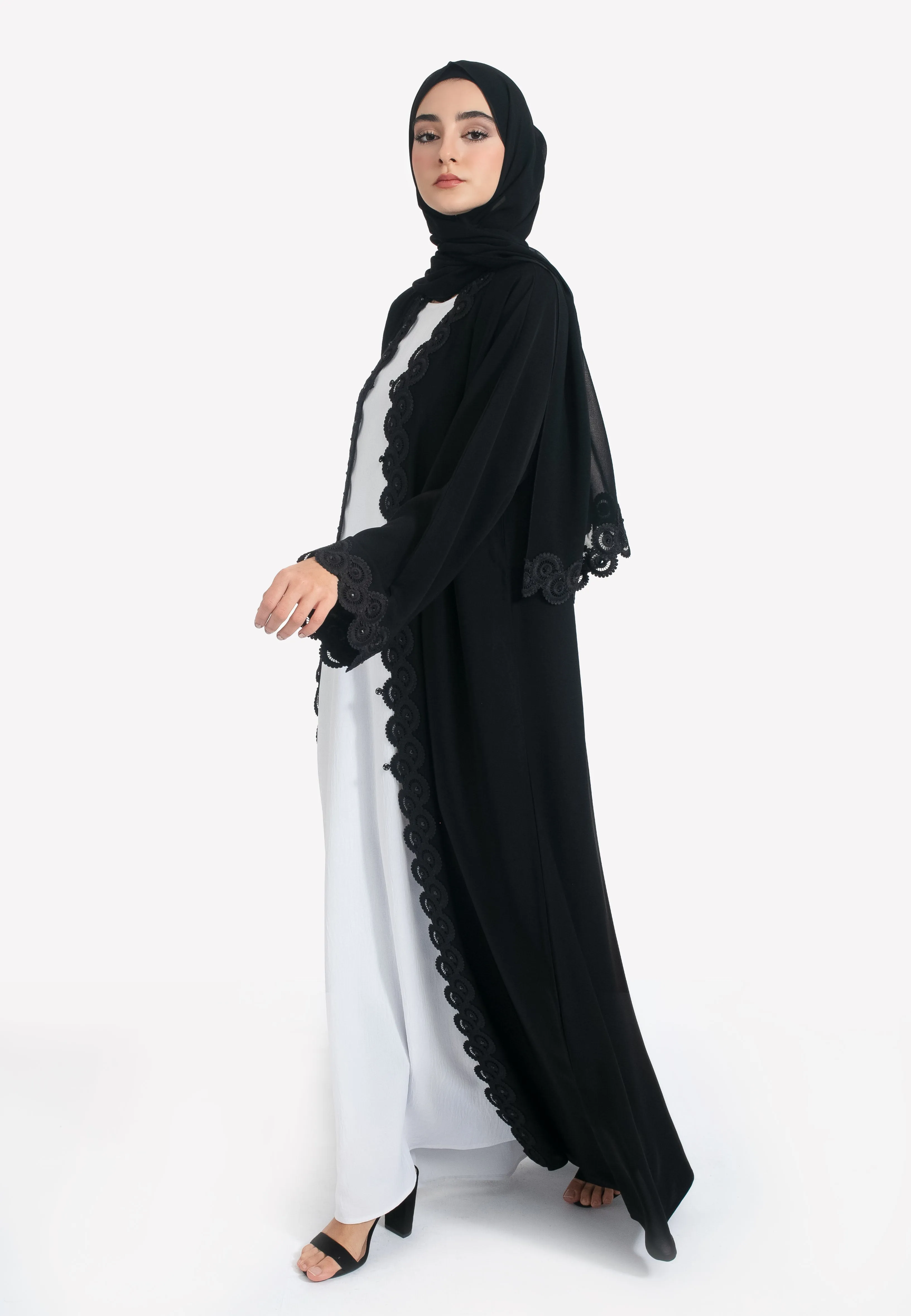 Classic Black Open Abaya with Lace Detailing