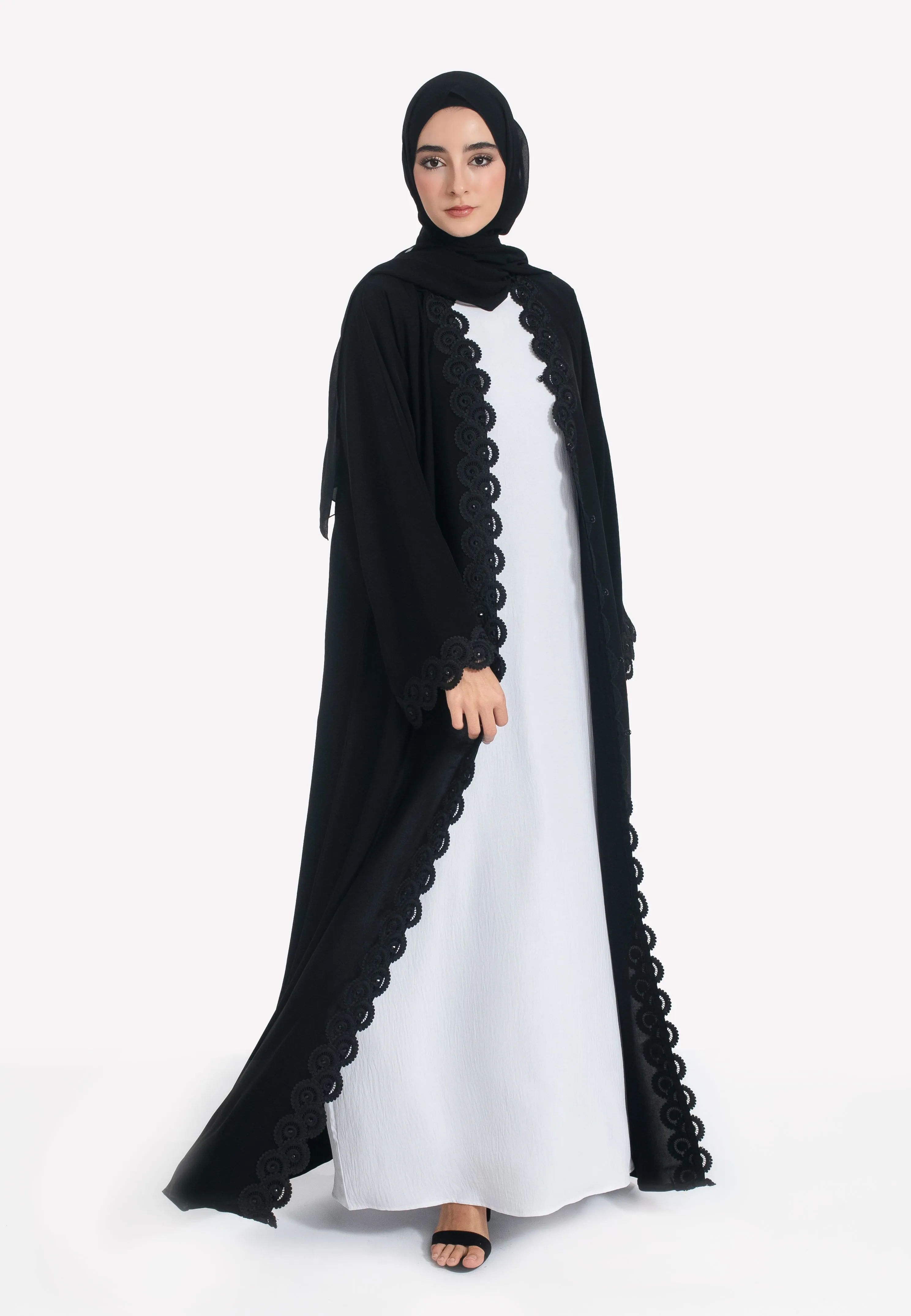 Classic Black Open Abaya with Lace Detailing