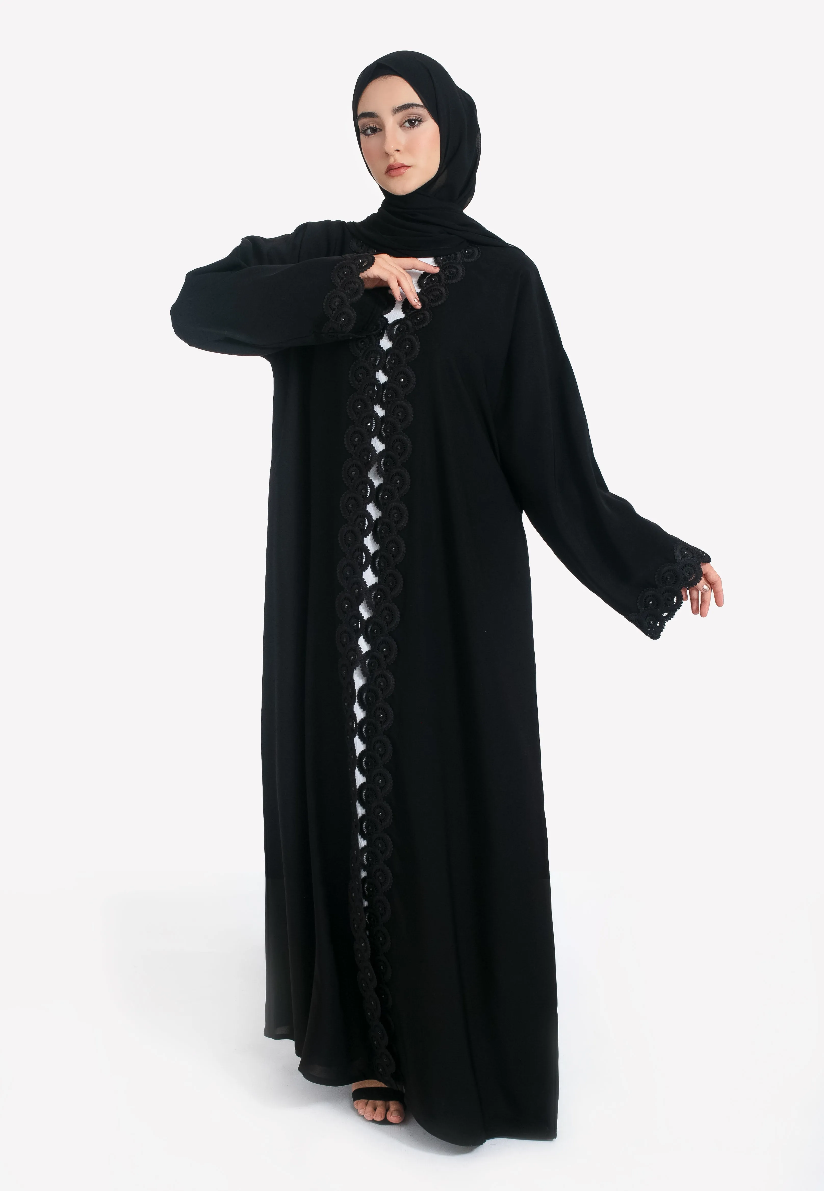 Classic Black Open Abaya with Lace Detailing
