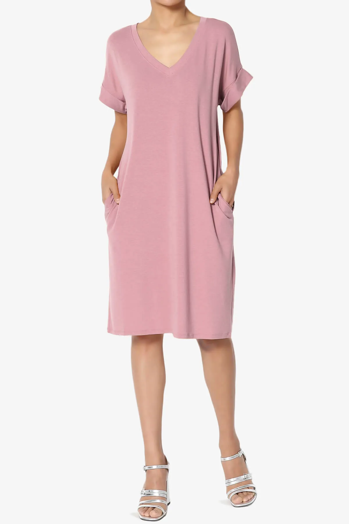 Cliff Rolled Short Sleeve V-Neck Dress PLUS