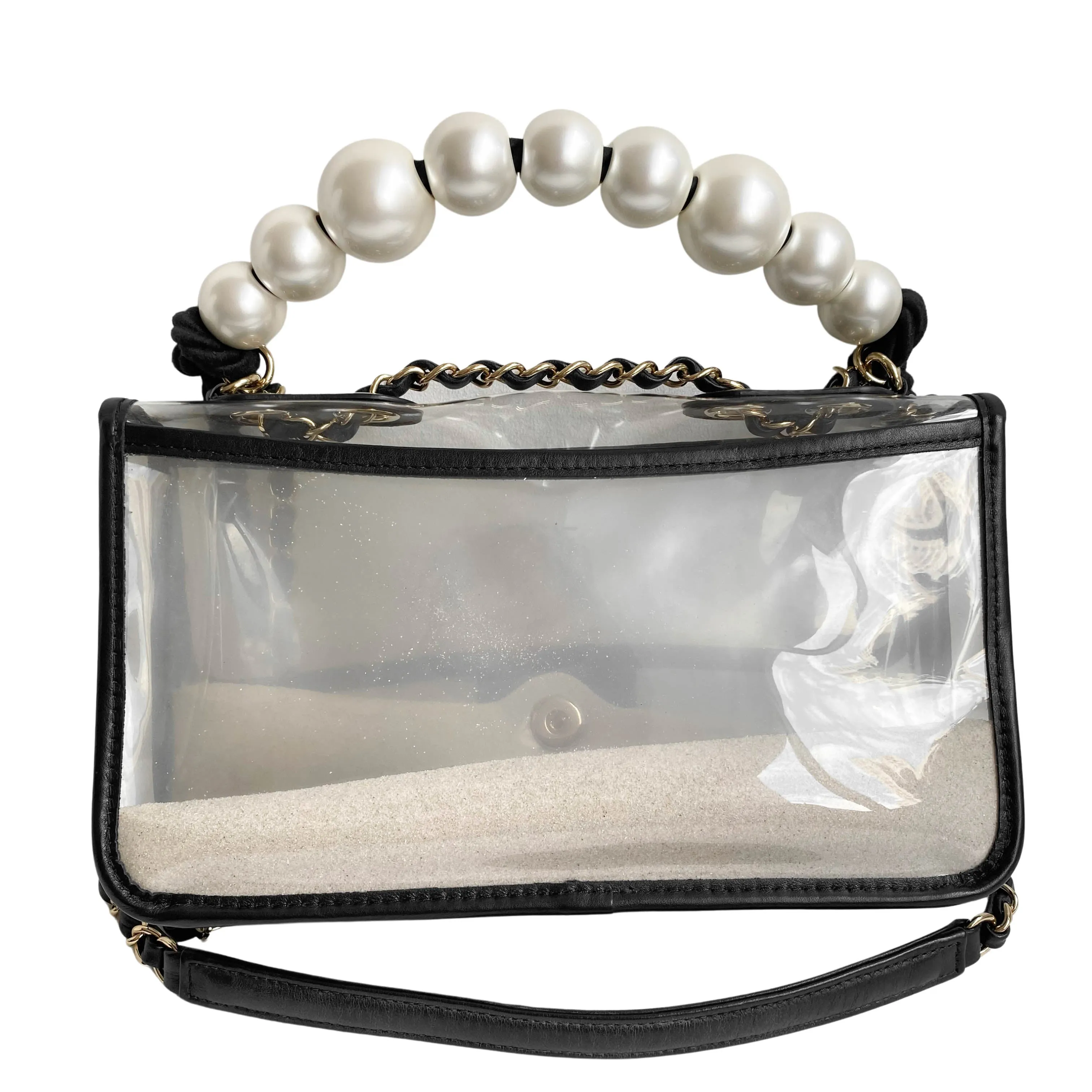 Coco Sand Pearl Strap PVC Medium Flap Bag