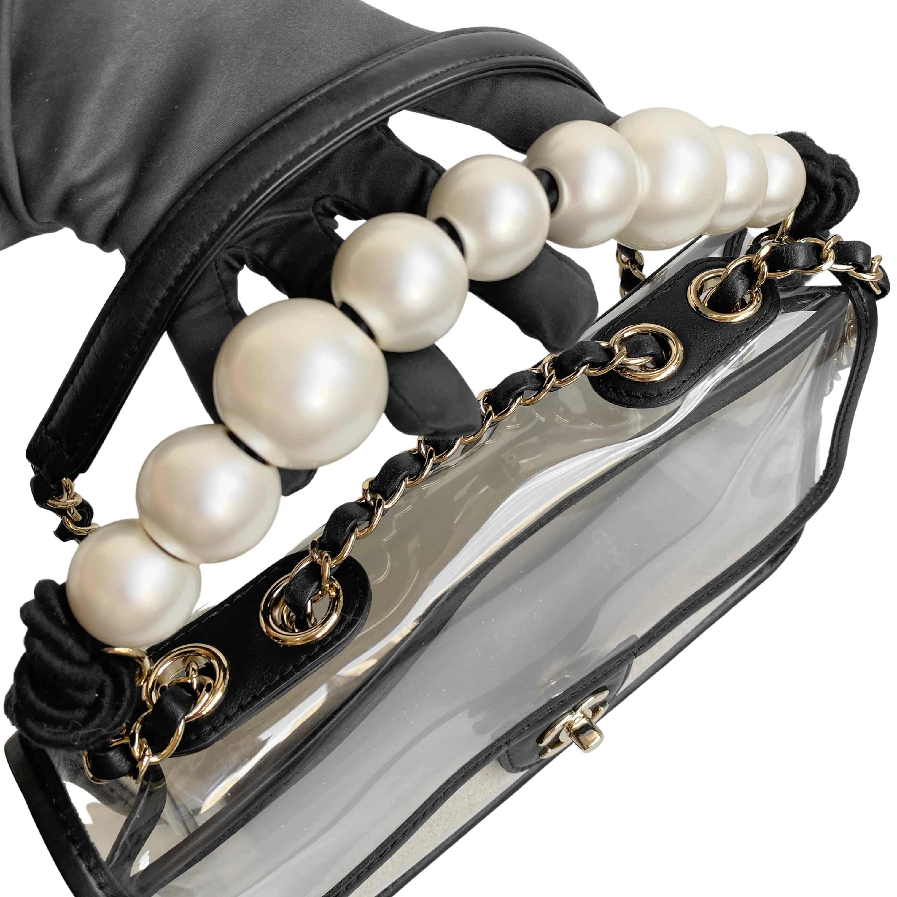 Coco Sand Pearl Strap PVC Medium Flap Bag