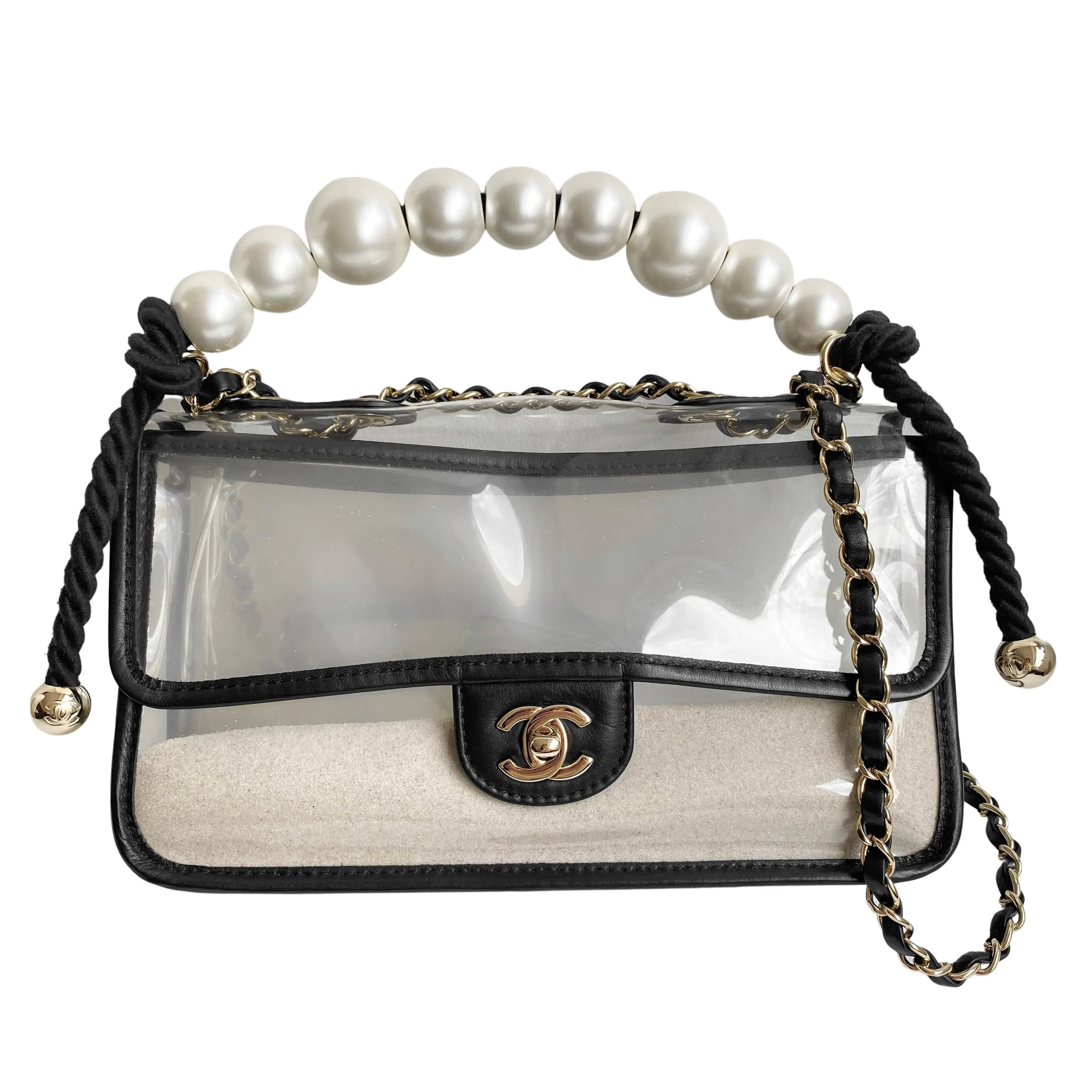 Coco Sand Pearl Strap PVC Medium Flap Bag
