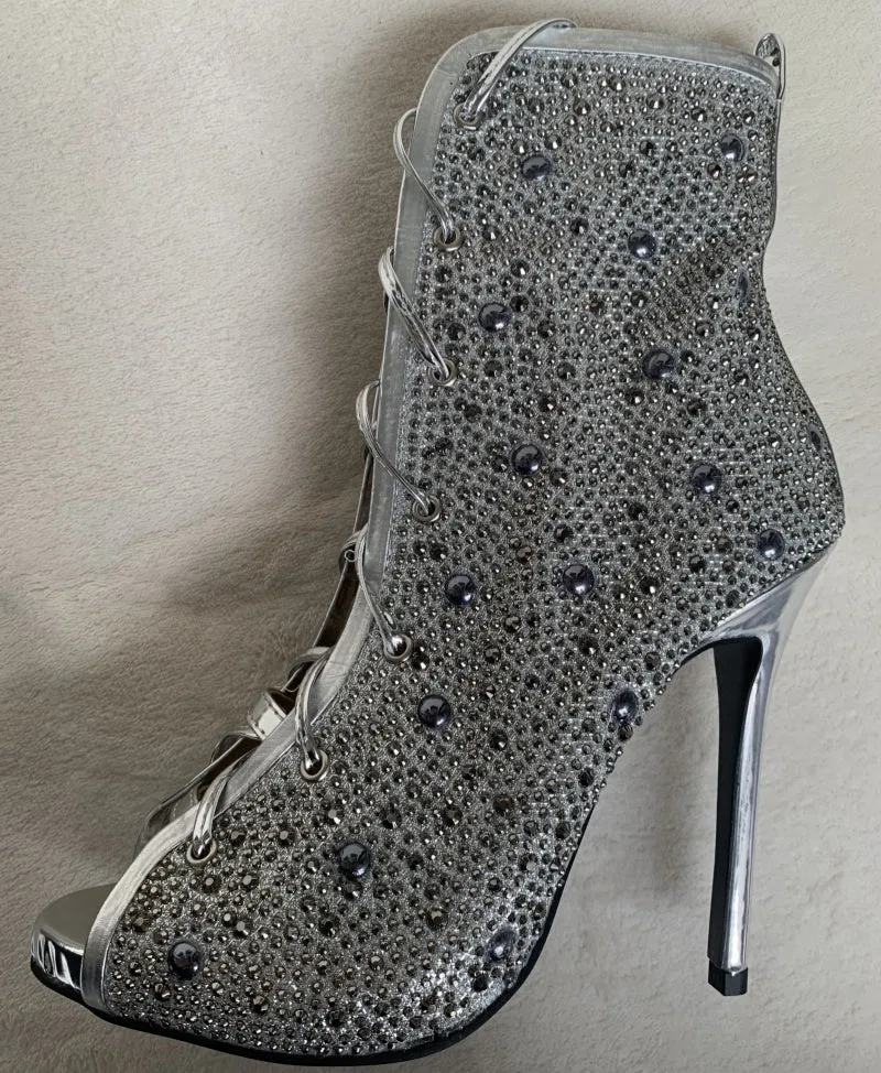 Crystal Embellished Lace-up High Heel Boots Sexy Peep Toe Thin Heels