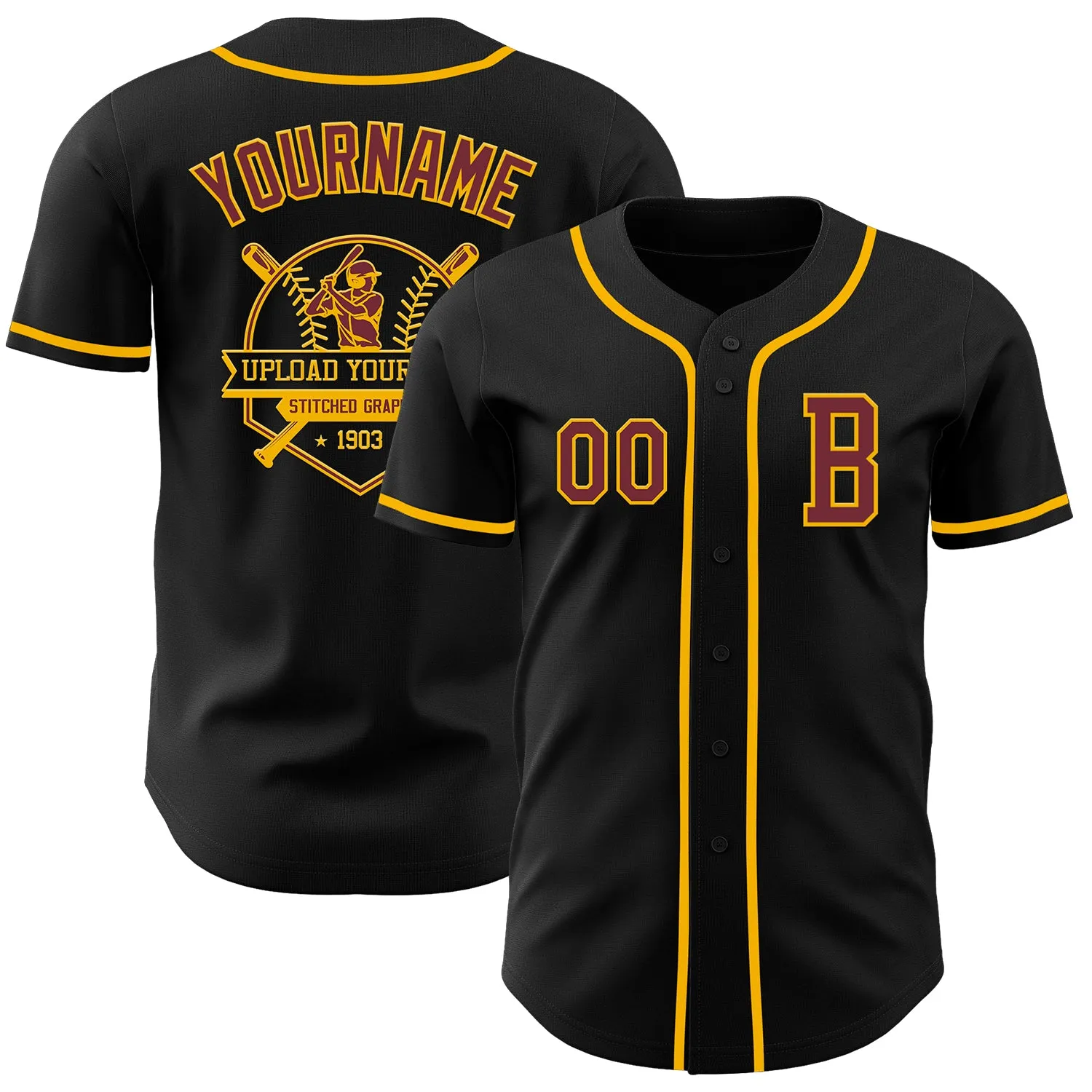 Custom Black Burgundy-Gold Authentic Baseball Jersey