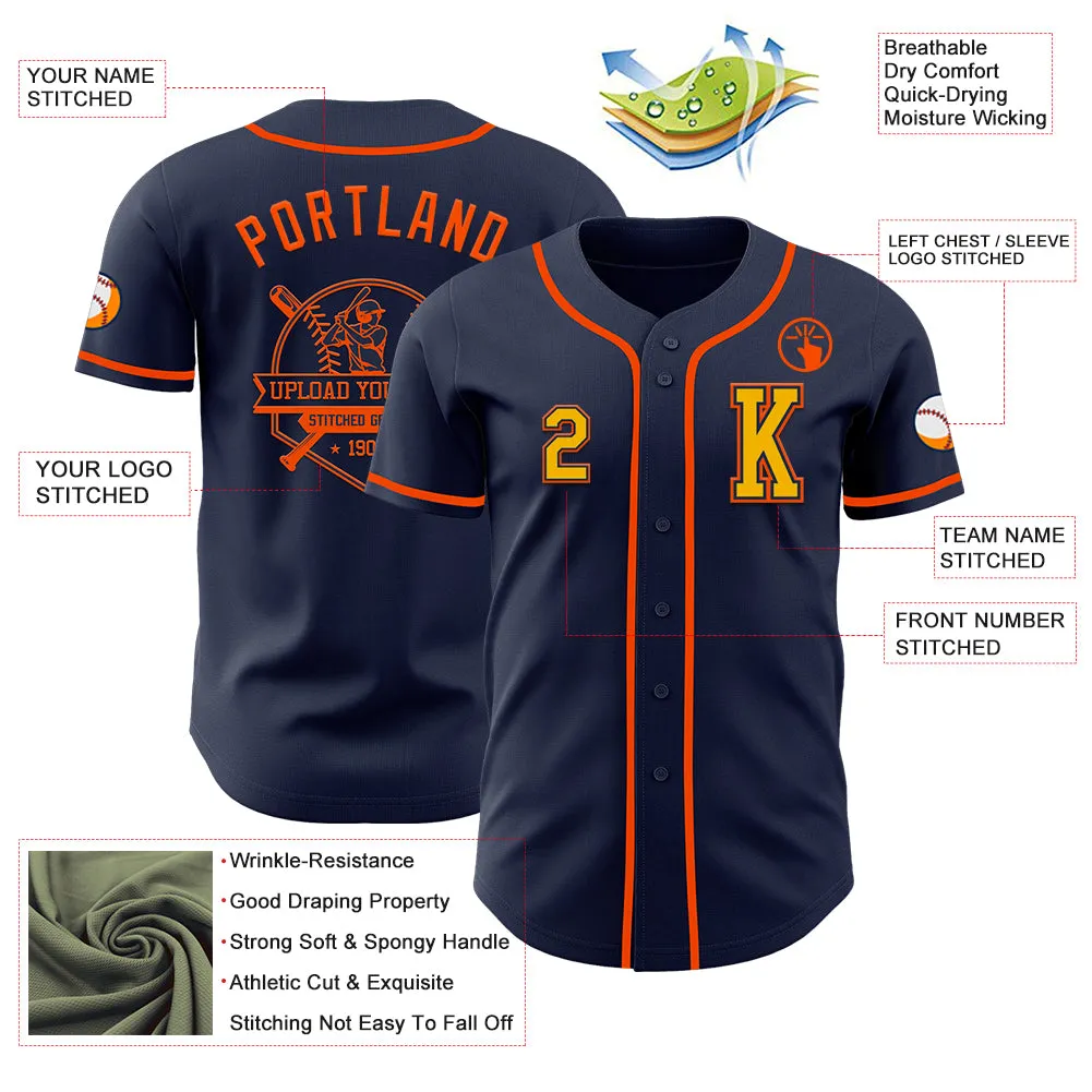 Custom Navy Gold-Orange Authentic Baseball Jersey