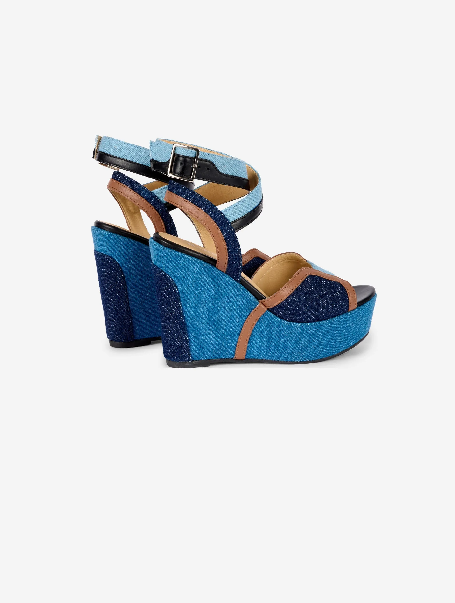denim and leather wedge sandals