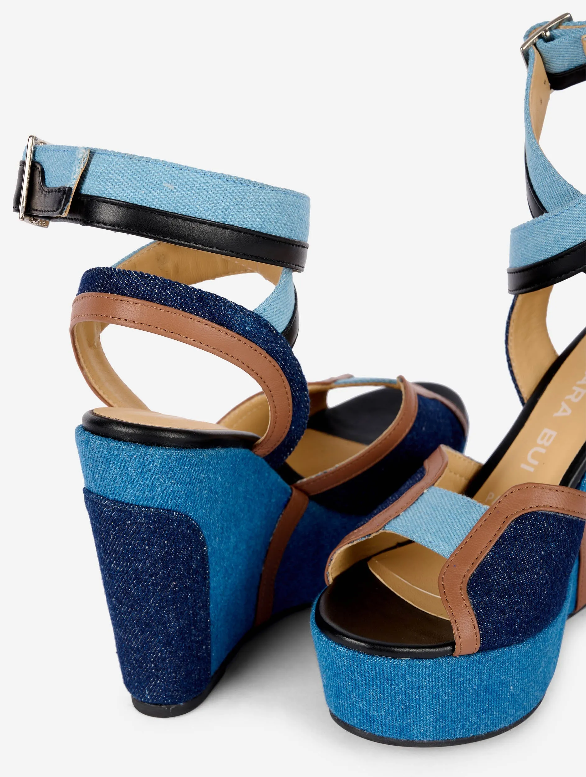 denim and leather wedge sandals