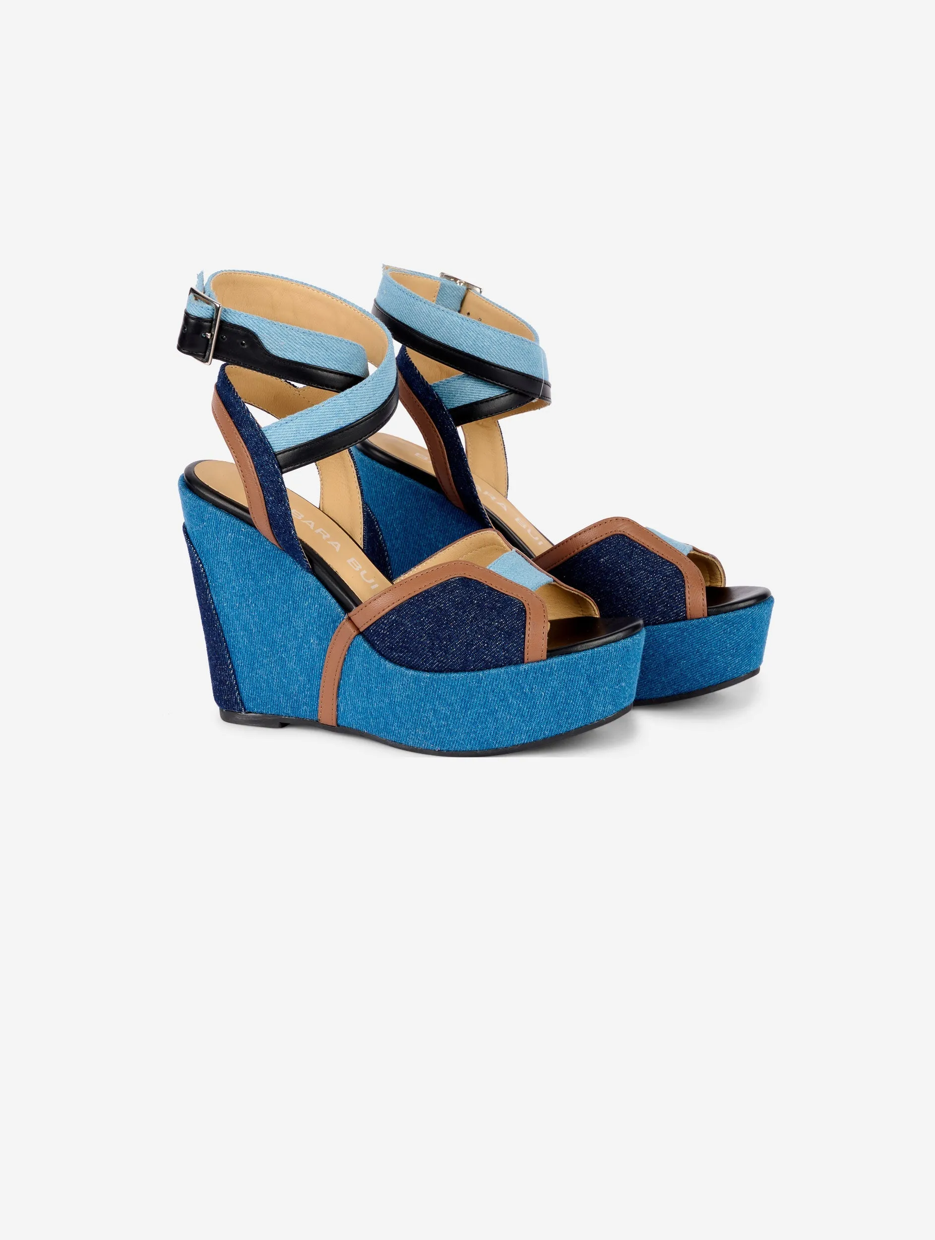 denim and leather wedge sandals