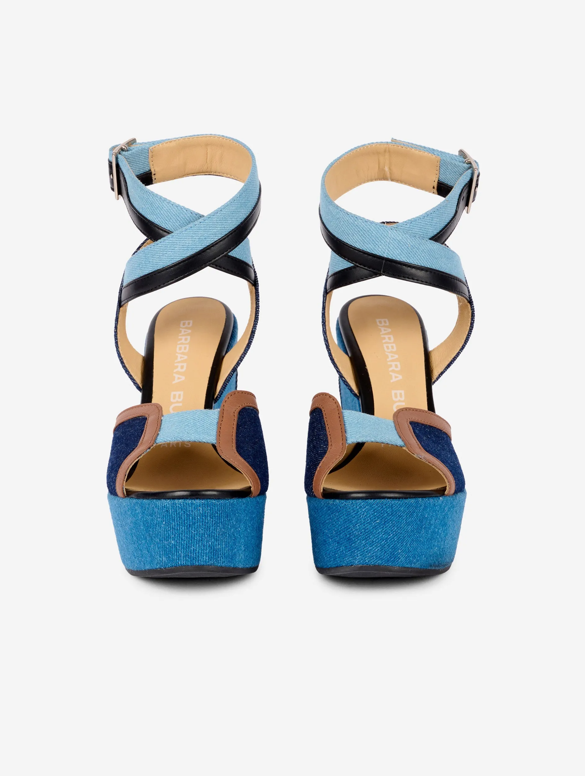 denim and leather wedge sandals