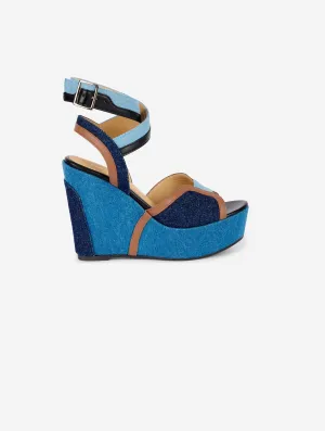 denim and leather wedge sandals