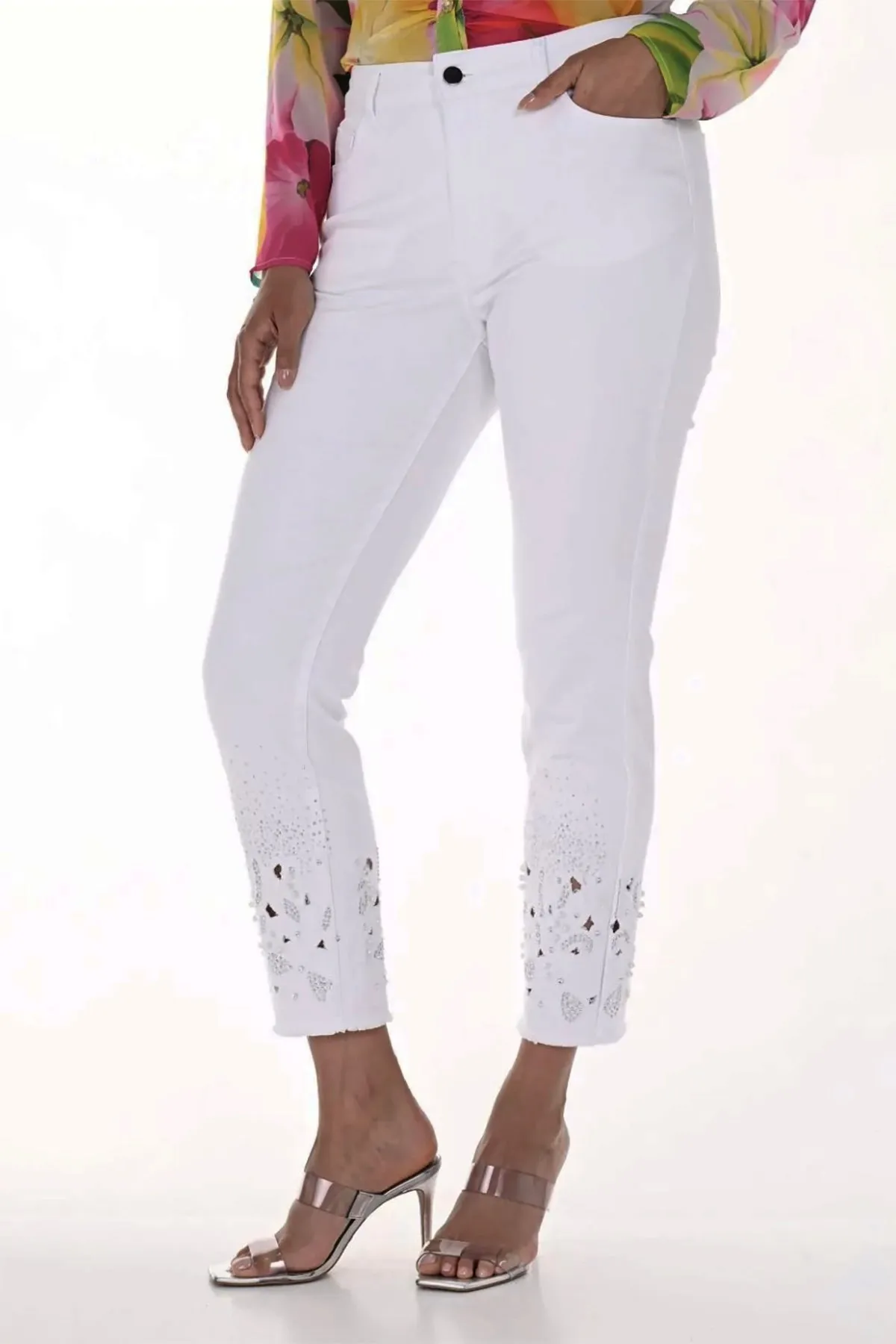 Embellished Ankle Jeans - White - FL13