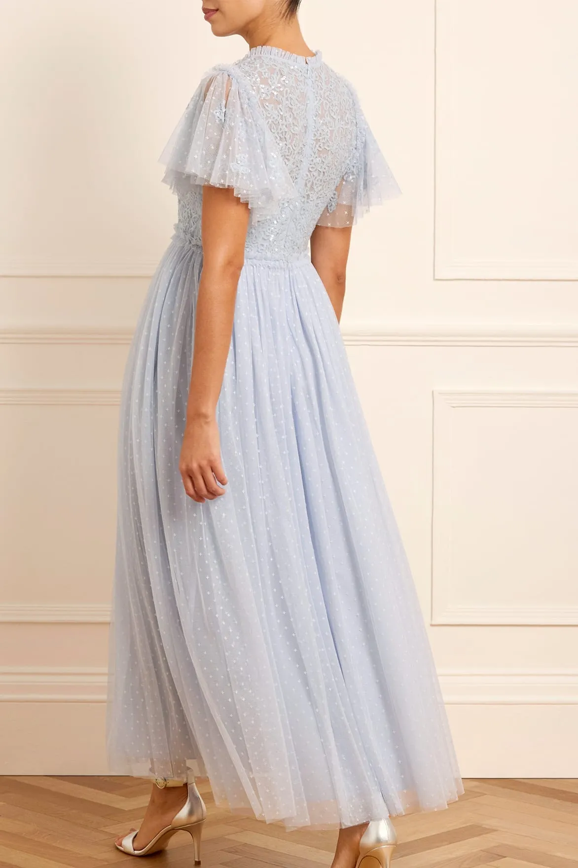Floral Lace Bodice V-Neck Ankle Gown