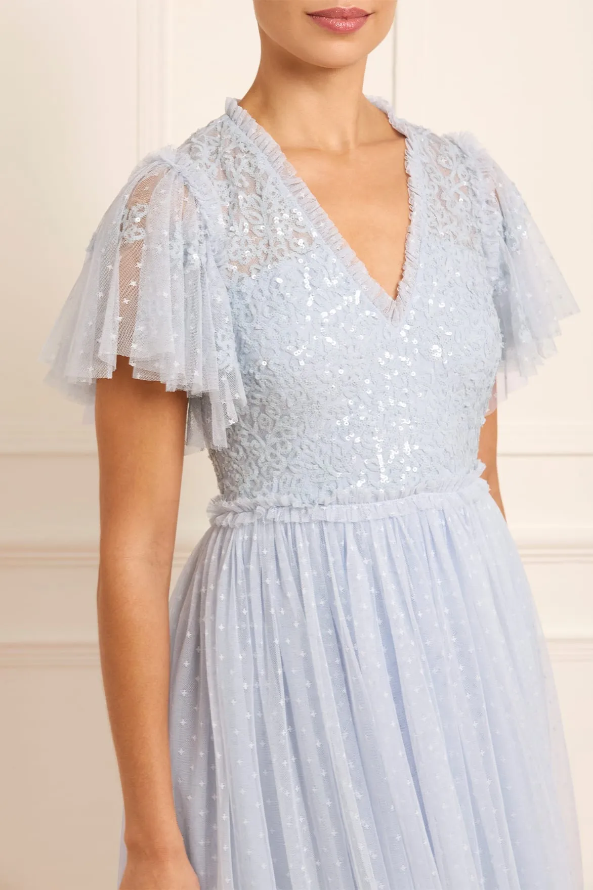 Floral Lace Bodice V-Neck Ankle Gown
