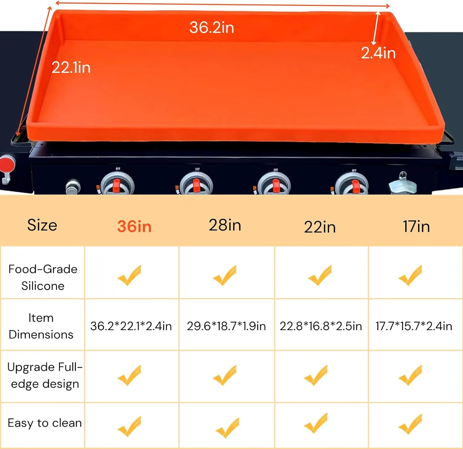 Food Grade Silicone Griddle Mat for Blackstone Grill, 22 Inch Full-Wrap Orange