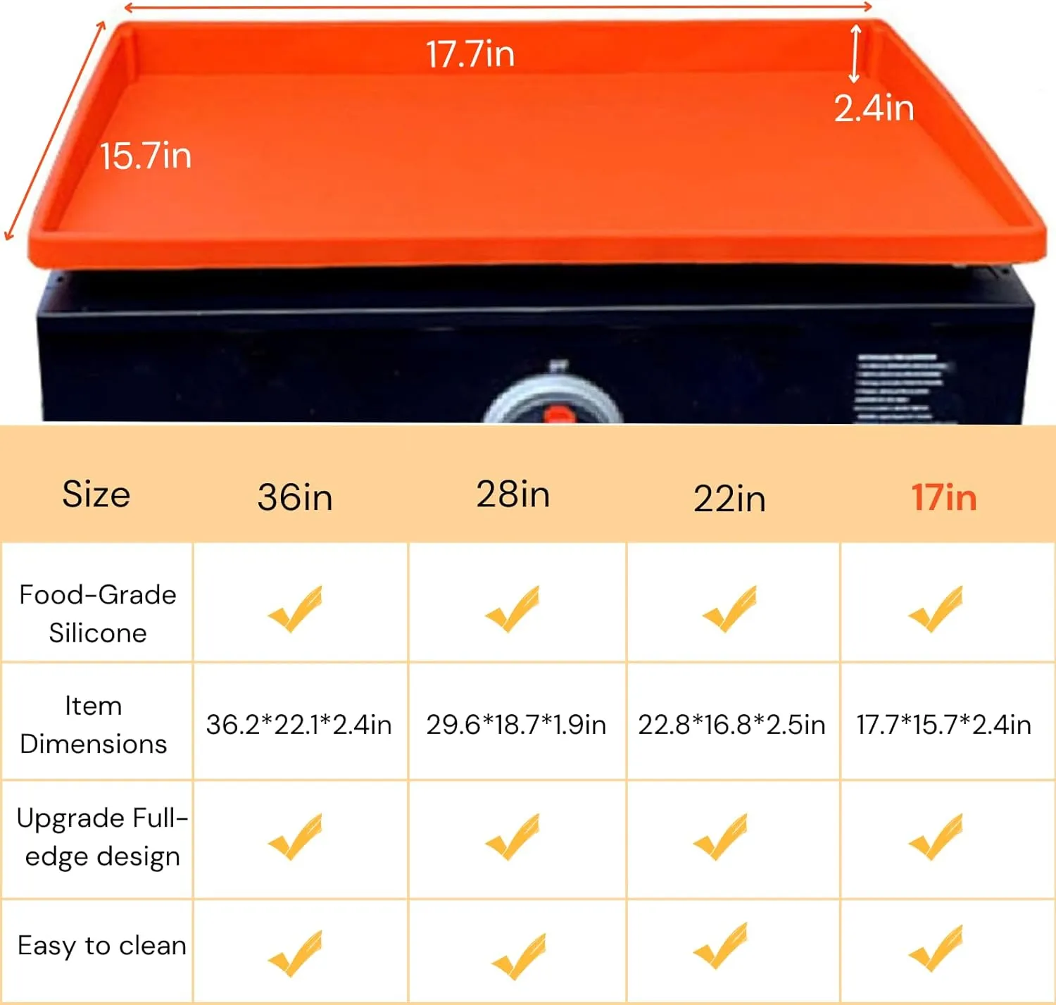 Food Grade Silicone Griddle Mat for Blackstone Grill, 22 Inch Full-Wrap Orange