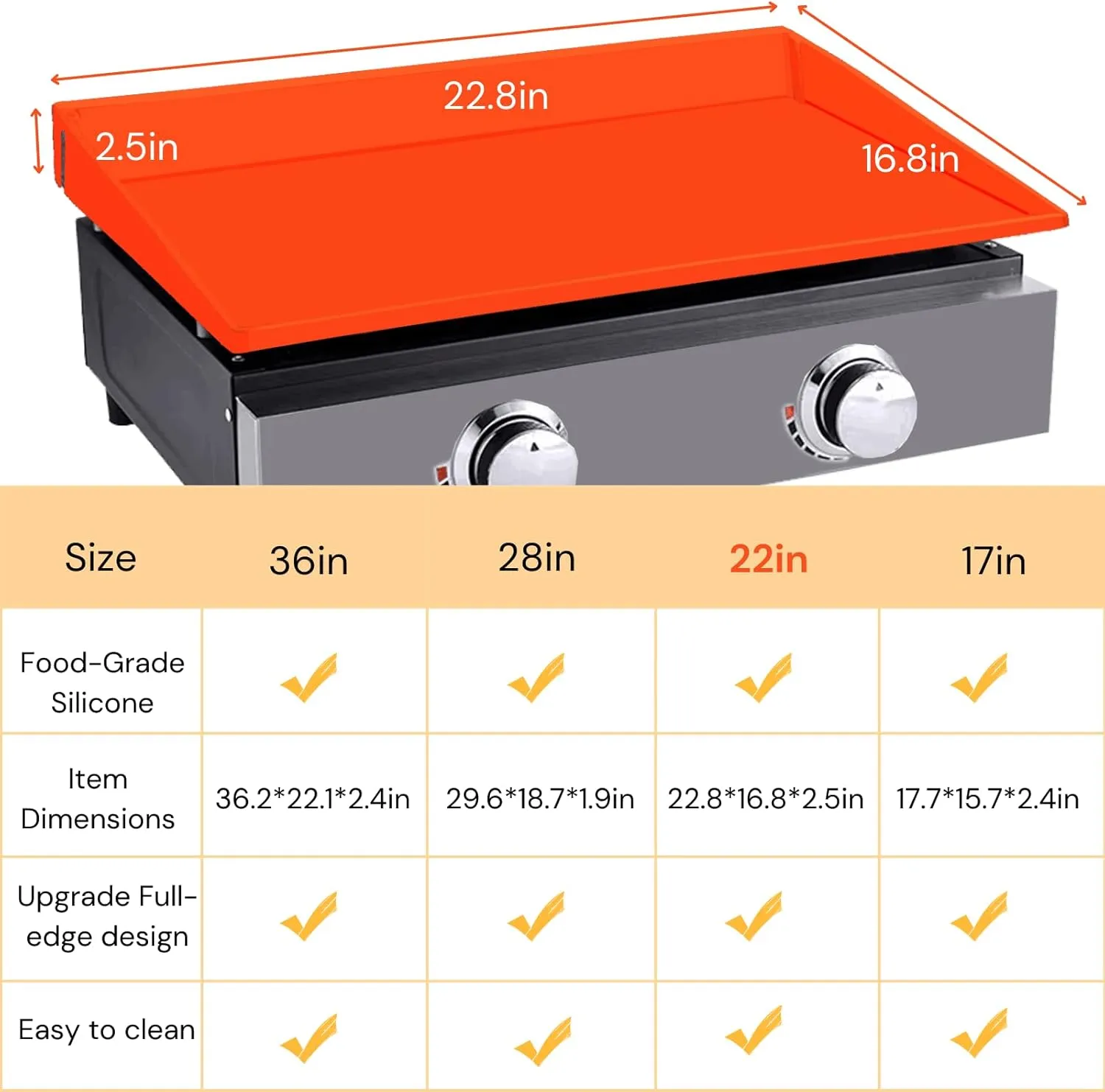 Food Grade Silicone Griddle Mat for Blackstone Grill, 22 Inch Full-Wrap Orange