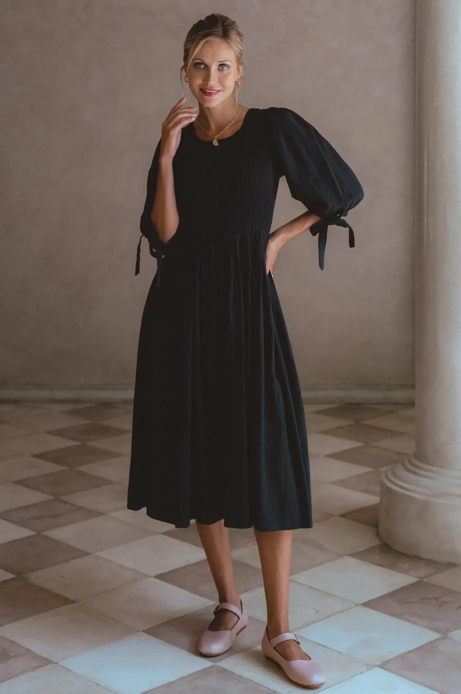 Freya Smocked Linen Midi Dress by Bali ELF