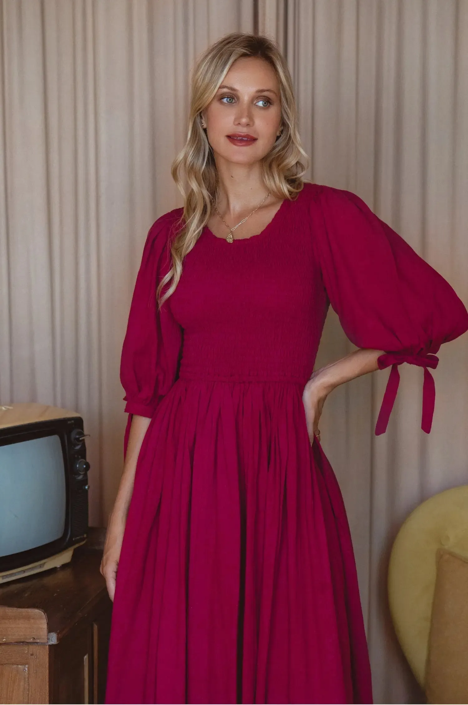 Freya Smocked Linen Midi Dress by Bali ELF