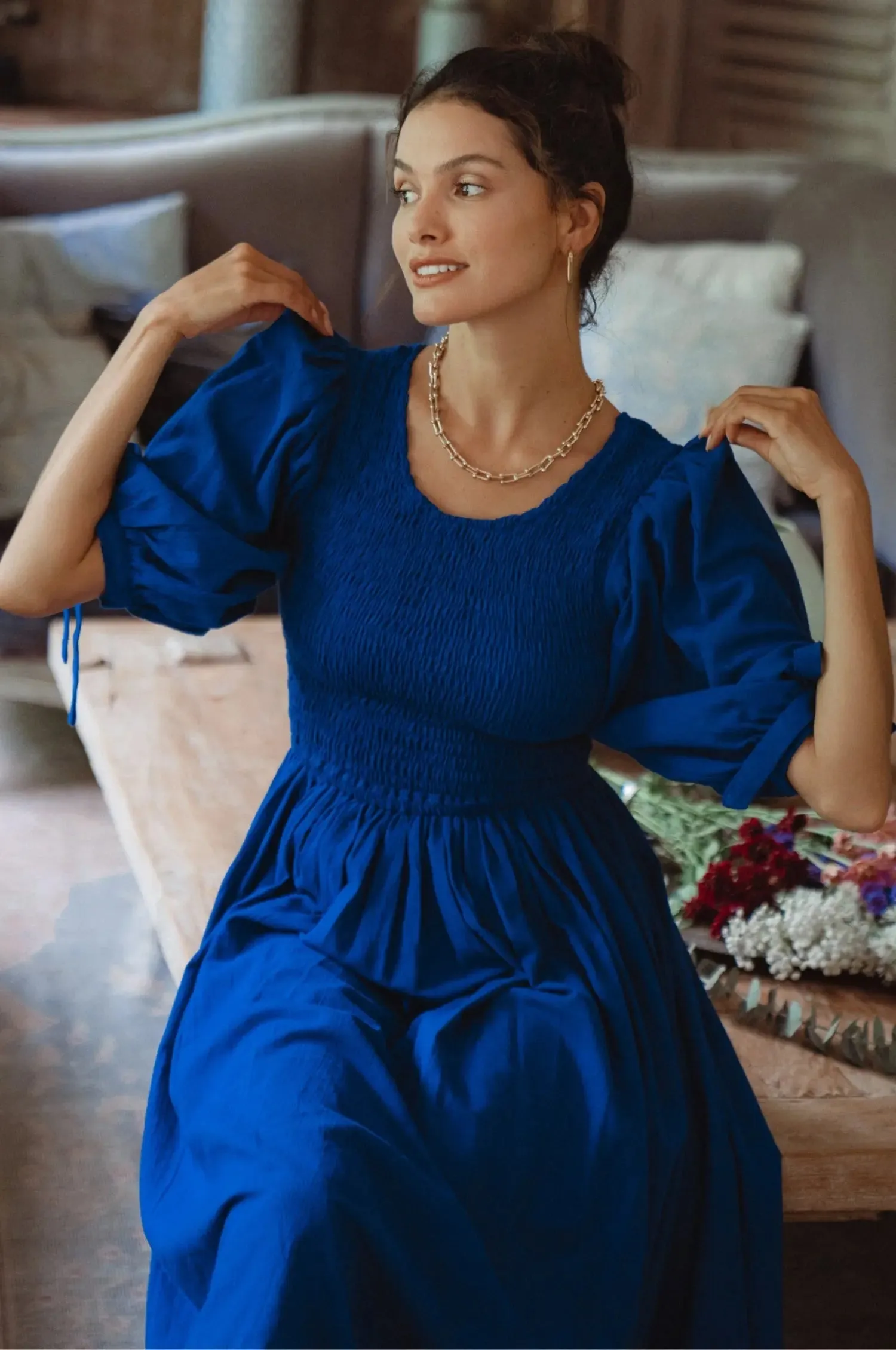 Freya Smocked Linen Midi Dress by Bali ELF