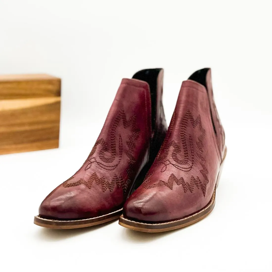 Genuine Leather Kickin' Western Booties in Burgundy