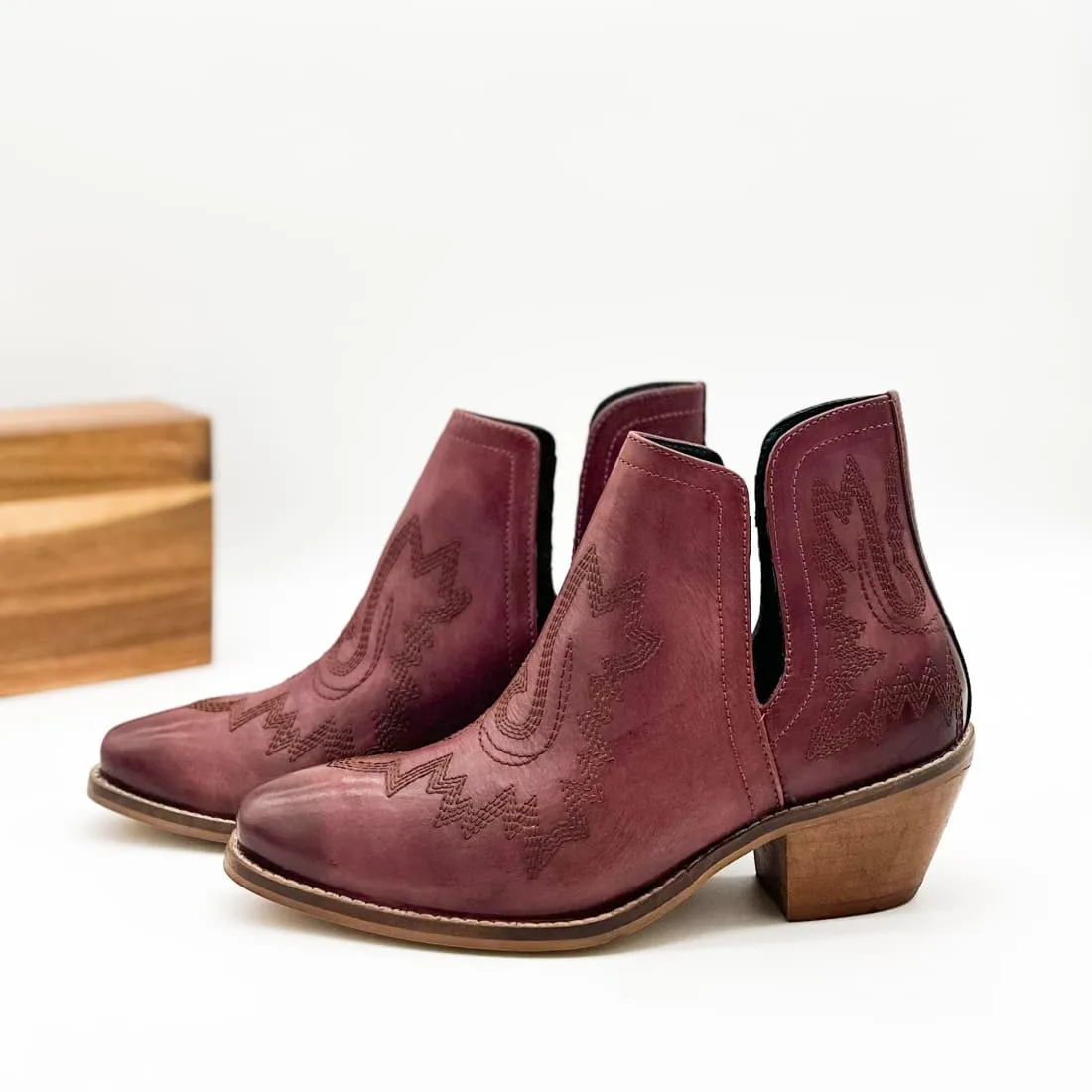 Genuine Leather Kickin' Western Booties in Burgundy